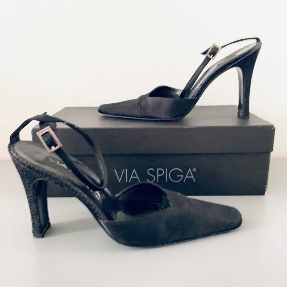 Via Spiga “Nina” Ankle Strap Satin Glitter Heels